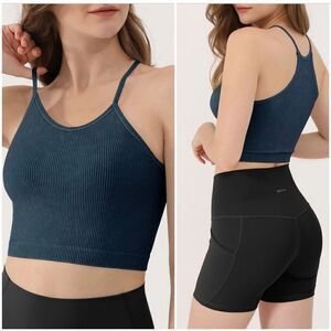 Adodo Ribbed Racerback High Neck Teal Compression Yoga Athletic Crop Tank M/L